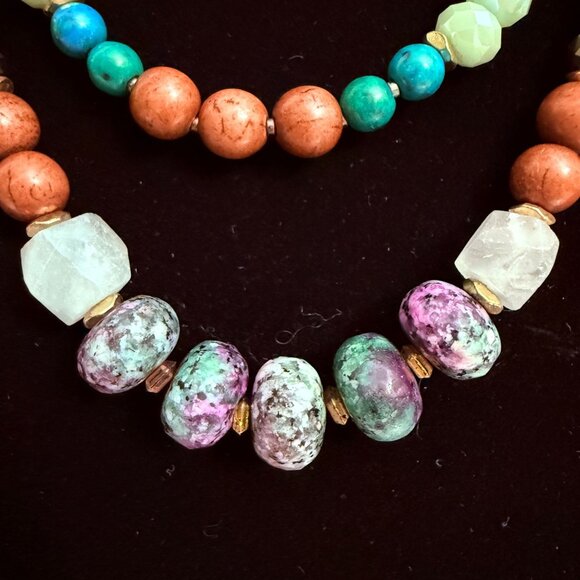 Nakamol Multilayered Beaded Necklace Semi-Precious Stones Gold Accents Tassels - Picture 3 of 9